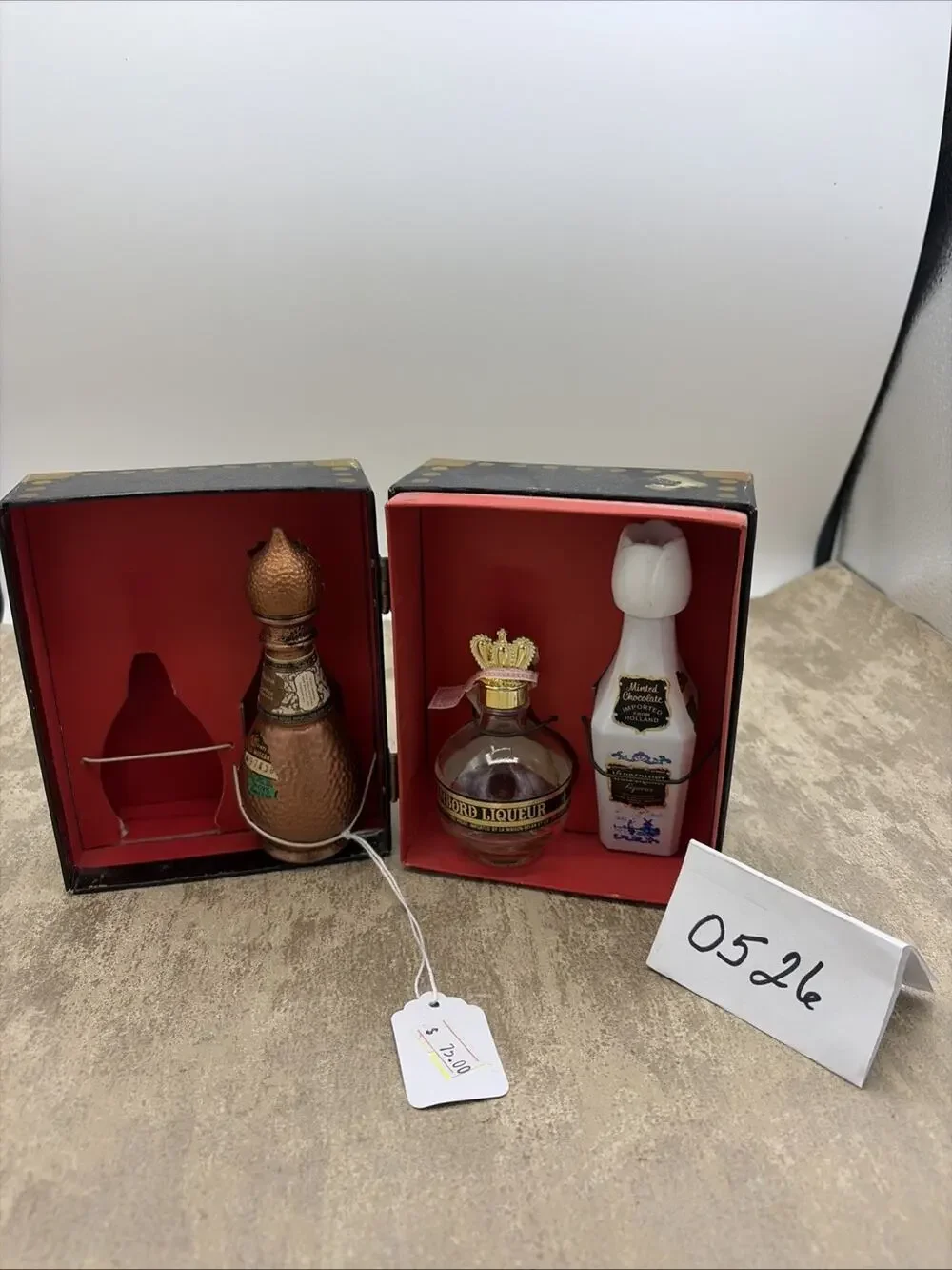 Vintage Set of 3 Mini Empty Liqueur Bottles in World of Flavor Box Imported